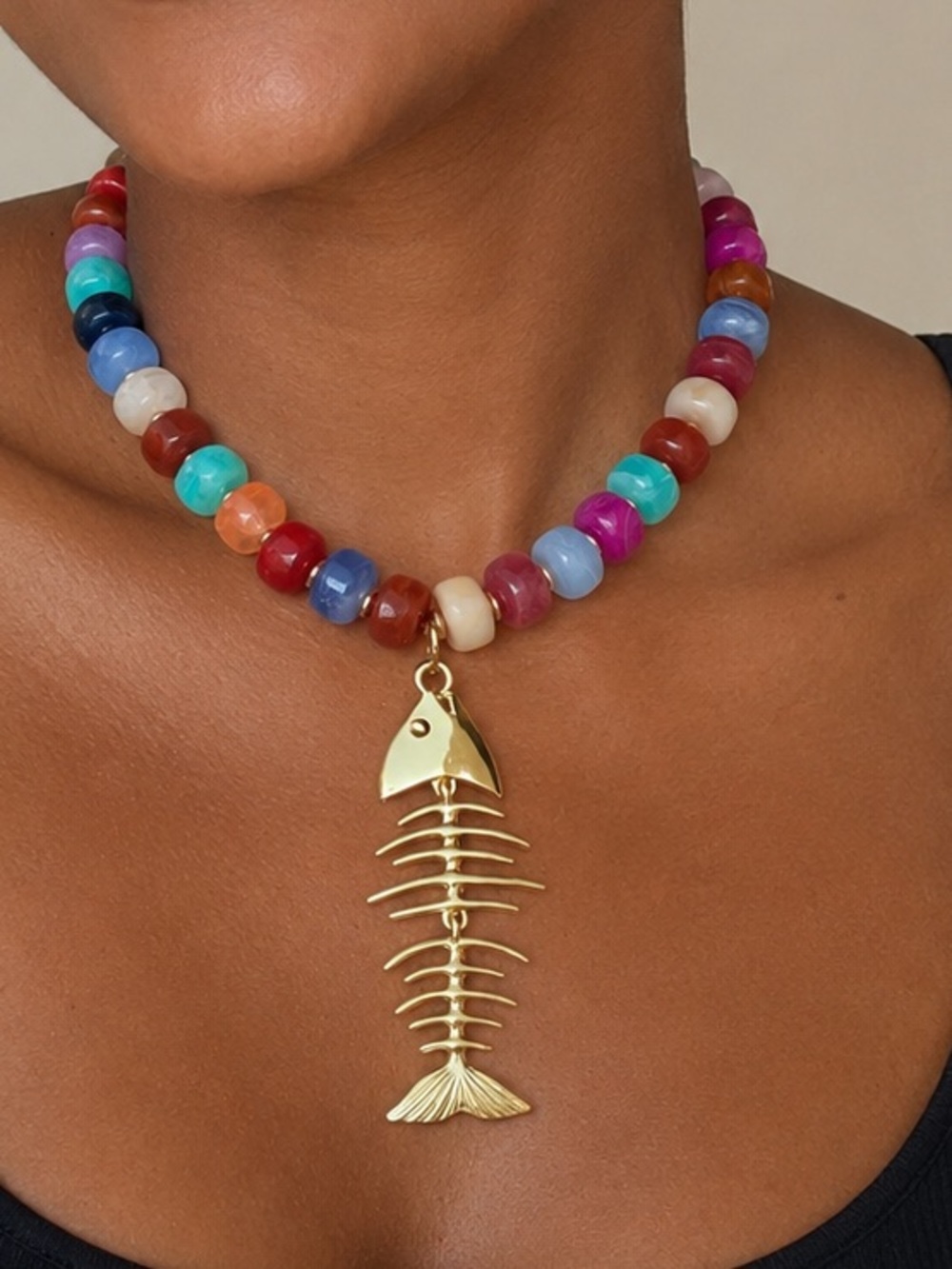 Multicolor Beaded Necklace with Gold Fishbone Pendant Fish Summer Jewelry